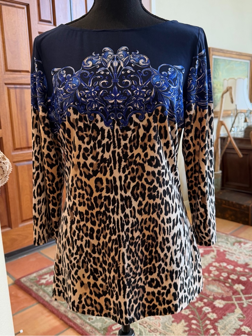 Boston Proper Navy and Leopard Print Long Sleeve Tunic